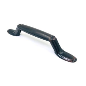 May include: A dark oil-rubbed bronze cabinet handle with a smooth, arched center grip and two flat, elongated mounting ends. The metal finish features subtle copper-toned highlights along the edges and curves, providing a metallic texture.