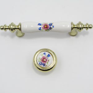 Vintage Floral Ceramic Drawer Pull or Knob – Gold Accents French Country Style Cabinet Hardware 3” Center Handle