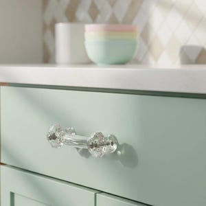 Vintage Drawer Pull - 3” Centers - Clear Glass Bridge with Faceted Hexagon Ends Hole In Center For Vanity Cabinet Dresser Handle Hardware