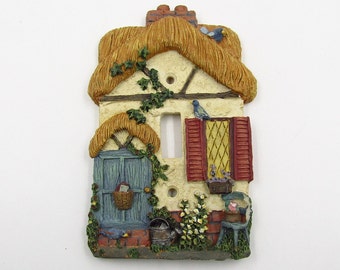 Single Light Switch Cover Plate with 3D Resin Raised Design of  Exterior of Country Cottage with Thatched Roof Ivy Birds Shutters Blue Door