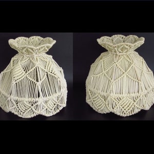 Vintage Macrame Parlor Bell Lamp Shade 16x15 Cream Off White Scallop Hand Woven Large 1970s Boho Decor