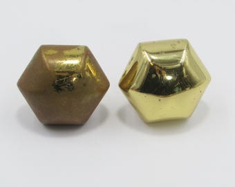 Pair of Vintage Hexagon Brass Door Knobs with Set Screws - Gold Mid-Century Modern Interior Hardware