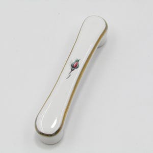 Vintage White Porcelain Drawer Pull with Rosebud and 22k Gold Trim – 3.5” Centers Cabinet Handle French Country Cottage