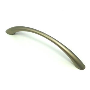May include: A single, curved cabinet pull handle in a muted gold color. The handle has a smooth, matte finish and a gently arched design. It is likely made of metal and is designed for easy gripping and pulling.