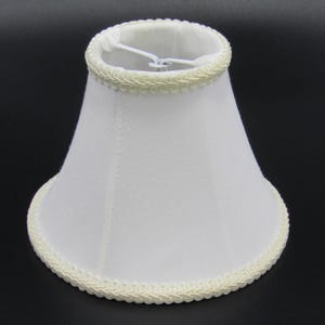 Small Fabric Bell Lamp Shade Off White Clip On Candelabra Bulb Brocade Trim Accent Flare Bottom Wire Frame  5” Tall Vintage Cloth