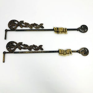 Pair Vintage Swing Arm Curtain Rod with Brass Cafe Curtain Rings - Sliding Adjustable Length 15-20"