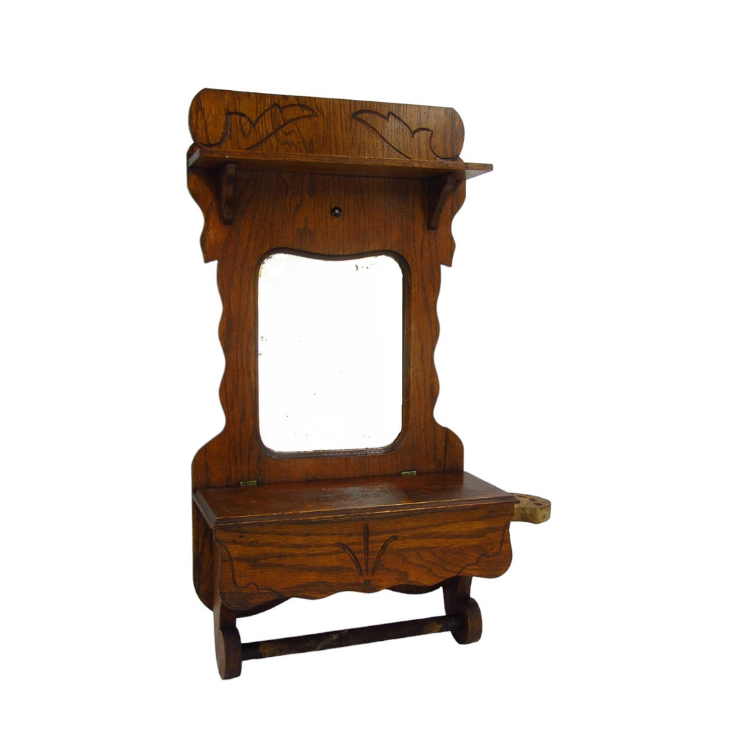 Vintage Wall Mounted Wood Bathroom Shelf With Towel Rod Mirror Storage ...