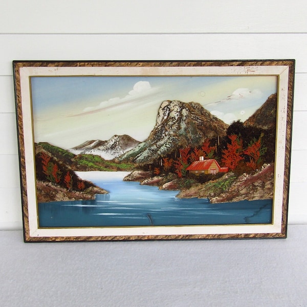 Techniques mixtes Peinture 3D Grand paysage 30x20 Encadré Art Collage Mountain River Valley Écorce de bouleau Mousse de cèdre Nature japonaise Diorama années 1950