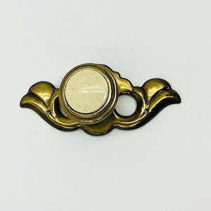 Vintage Ceramic Speckled Knob and Antique Brass Backplate Set– Drawer Cabinet Pull – Pull Ornate Furniture Hardware Dresser Replacement