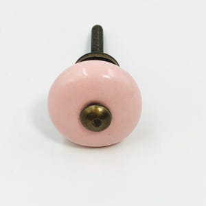 May include: A round, light pink ceramic cabinet knob with a smooth, glossy finish. The centre features a small, circular, antique brass-toned metal accent, and a threaded metal bolt extends from the back for installation purposes.