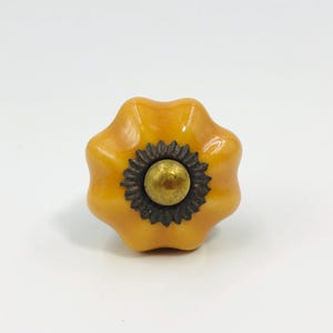 May include: A pumpkin-shaped cabinet knob with a glossy mustard yellow finish. The center features a dark metallic, scalloped-edge plate surrounding a small, smooth, brass-colored circular dome, creating a distinct contrast in color and texture.