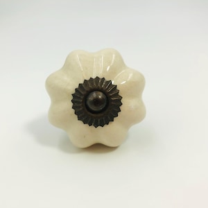 Può includere: Un pomello per mobili in ceramica color crema con una forma smerlata simile a un fiore. Il centro presenta una piastra circolare dentellata in metallo scuro con una piccola testa di bullone in metallo arrotondata e scura al centro.