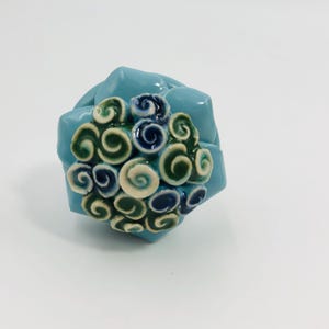 Blue Ceramic Floral Drawer Knob with Green Swirls Vintage Style Cabinet Pull Decorative Dresser Handle Unique Furniture Hardware 1.5 Inch