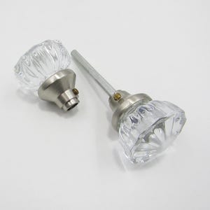Clear Fluted Glass Door Knob Set 2-Inch w 5/16&quot; Spindle Brushed Nickel Base Vintage Style Interior Hardware NOS