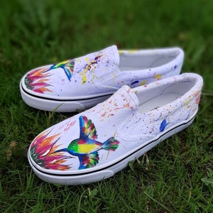 Bird Painting Custom Vans for Women White Sneakers Slip on Shoes for Teens Girlfriend Gift Idea Handmade Custom Birthday Gift for Daughters image 3