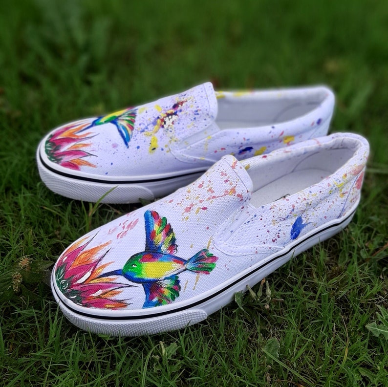 Bird Painting Custom Vans for Women White Sneakers Slip on Shoes for Teens Girlfriend Gift Idea Handmade Custom Birthday Gift for Daughters image 3