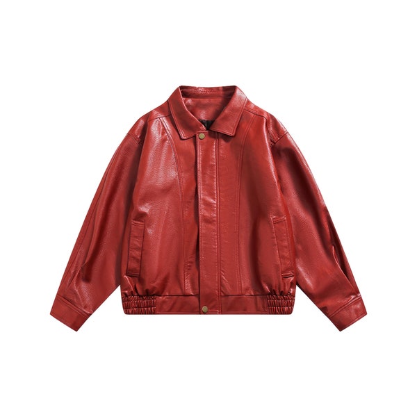 Vintage Ferrari Jacket, Genuine Sheepskin Shirt Collar Bomber Jacket, Loose Leather Jacket Men Women, Red Leather Jacket