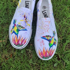 Bird Painting Custom Vans for Women White Sneakers Slip on Shoes for Teens Girlfriend Gift Idea Handmade Custom Birthday Gift for Daughters image 1