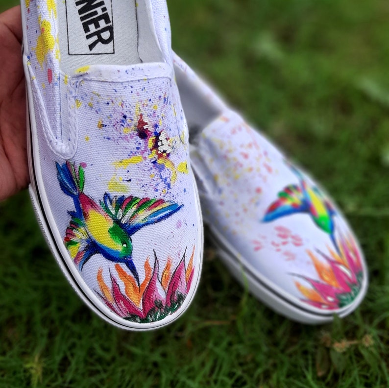 Bird Painting Custom Vans for Women White Sneakers Slip on Shoes for Teens Girlfriend Gift Idea Handmade Custom Birthday Gift for Daughters image 2