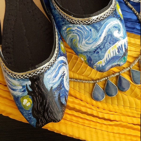 Starry Night Khussa Shoes for Women, Ballet Shoes, Van Gogh Starry Night Print, Free Shipping