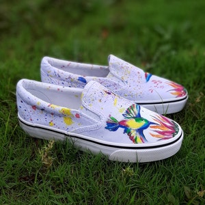 Bird Painting Custom Vans for Women White Sneakers Slip on Shoes for Teens Girlfriend Gift Idea Handmade Custom Birthday Gift for Daughters image 4