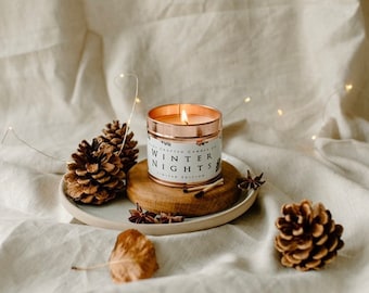 Winters Night Candles Christmas scent cinnamon, clove and orange Rose Gold tin soy wax vegan candles