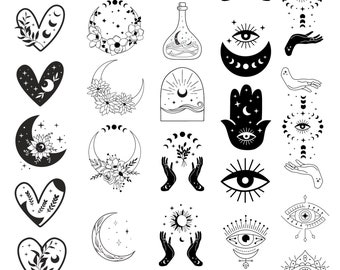 30 Boho Celestial Mystical Moon Phase Instant Download Art Images, Cricut, PNG, SVG, PDF, Clipart, Transparent Printable Digital Images