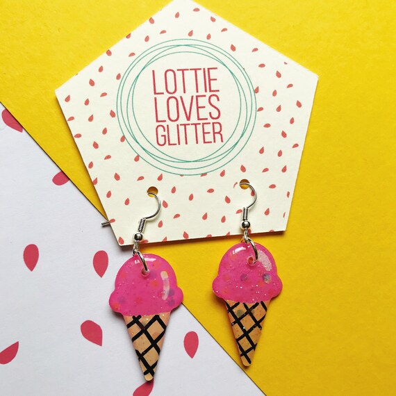 Resin ice cream earrings, beautiful glittery resin earrings, dangly ice cream earrings, glitter ice cream, purple ice cream earrings