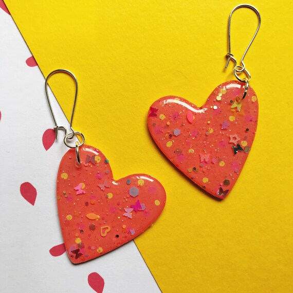 Resin heart earrings, beautiful glittery resin earrings, dangly heart earrings, coral heart earrings, coral resin earrings, glitter resin