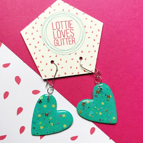 Resin heart earrings, beautiful glittery resin earrings, dangly heart earrings, green heart earrings, green resin earrings, glitter resin