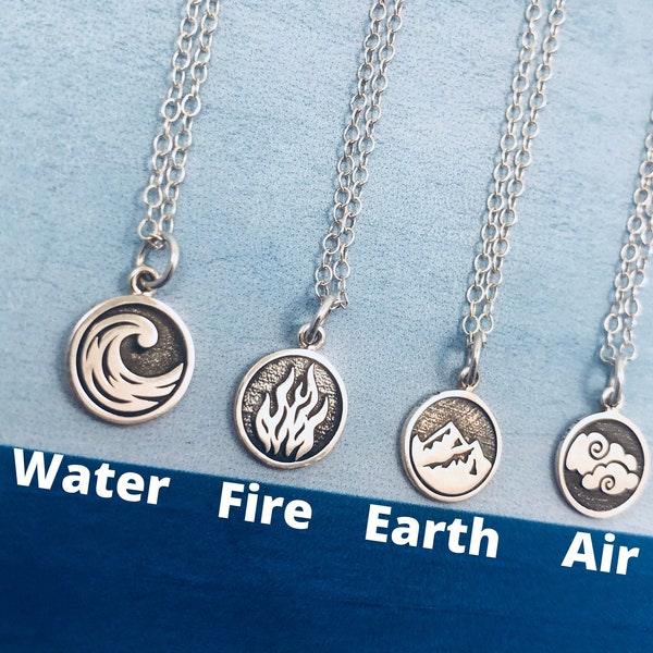 Silver Element Reversible Necklace, Water, Fire, Earth, Air, Avatar Necklace, Element Symbol Charm Necklace, Sterling Four Elements Necklace