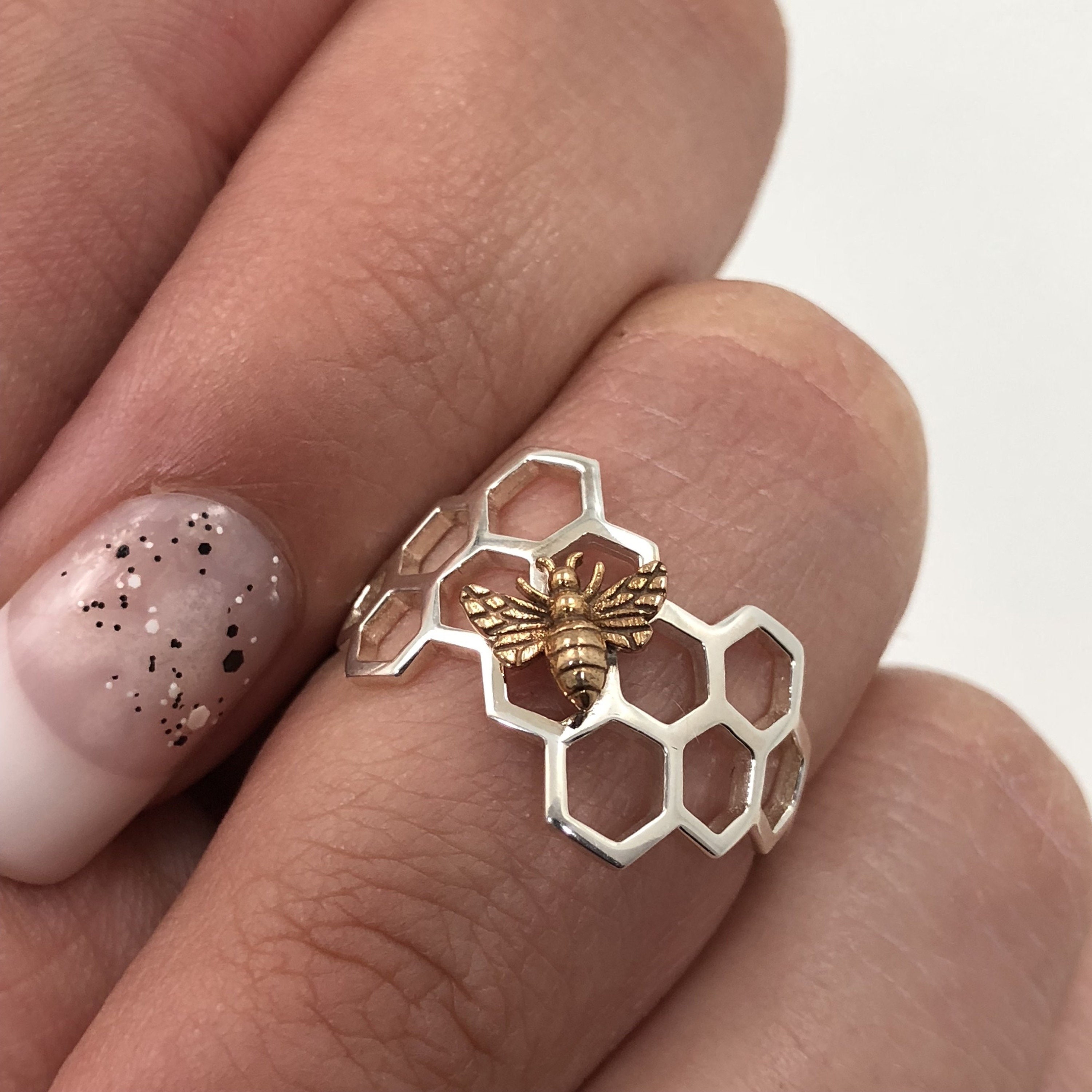 Honeycomb Bee Ring Silver Bumble Bee 