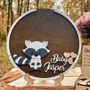 Raccoon baby shower guest book , Woodland animals sign, Raccoon baby shower decor, 1 st birthday guest book woodland