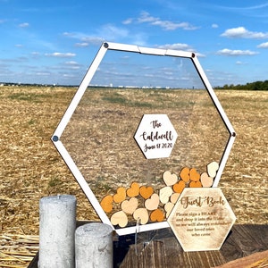 Hexagon wedding guestbook alternative hearts, Last name wedding wooden sign