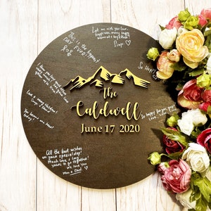 Classic wedding guest book sign, Round wedding wooden sign, Last name guestbook alternative wood