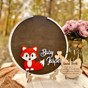 Alternativa al libro degli ospiti per baby shower a forma di volpe, alternativa al libro degli ospiti per baby shower a forma di bosco, decorazioni per baby shower a forma di volpe, libro degli ospiti per il primo compleanno a forma di bosco