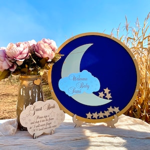 Over the Moon baby shower guest book alternative, moon and stars Baby shower guest book sign Twinkle little star