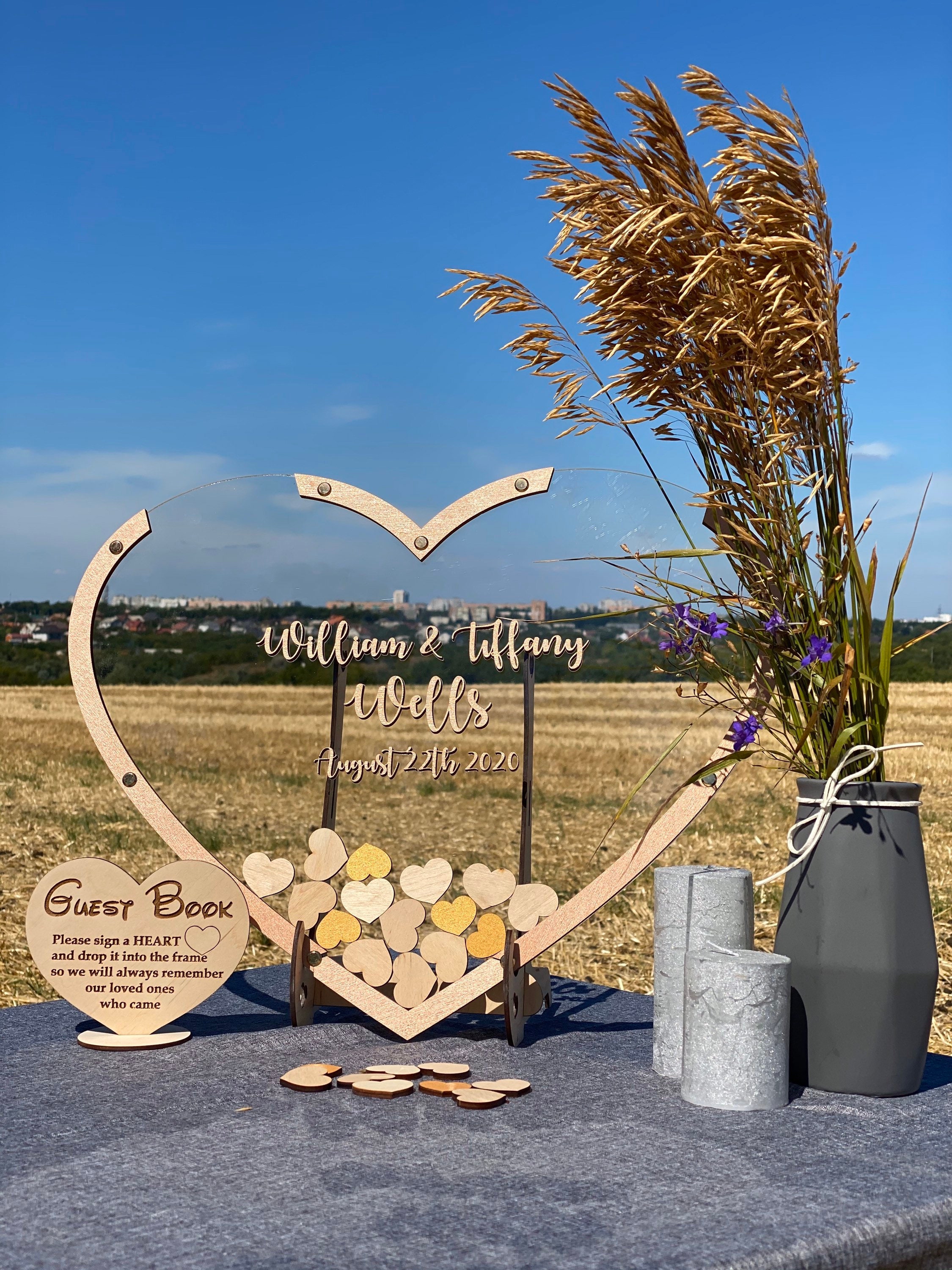 Clear Heart Wedding Guest Book Alternative: Personalized Wood & Plexiglass