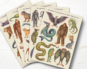 Set of 8 Cryptid Cards - Creatures of Cryptozoology, Greeting Cards, Cryptids