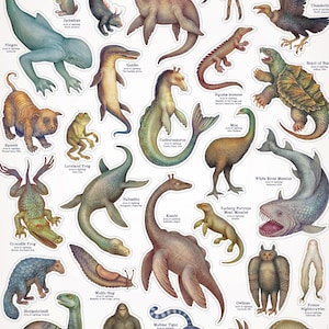 Hoja de pegatinas de animales crípticos: Criaturas míticas del mundo