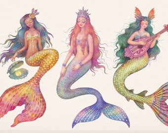 Magische zeemeerminnen kunstafdruk: aquarel illustratie