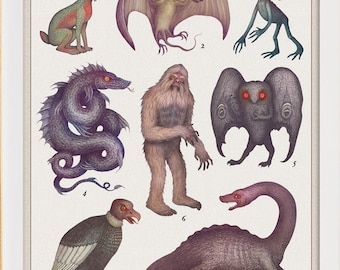 Mythical Creatures of Cryptozoology, Cryptid Art Print, Cryptids Art, Cryptid Artwork, Cryptozoology