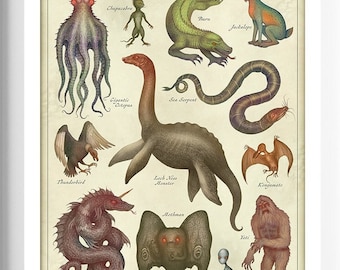 Cryptids Art Print: Cryptozoology Poster, Mythical Creatures