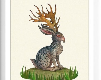 May include: A digital illustration of a Jackalope, a mythical creature with the head and antlers of an elk and the body of a rabbit. The Jackalope is depicted in a sitting position with its head turned to the side. The creature is gray with black spots and has a pair of large, red eyes. The antlers are a light brown color and are branching. The Jackalope is sitting on a small patch of green grass. The text "Jackalope" is written below the image. The text "Curious Garden" is written below the text "Jackalope".