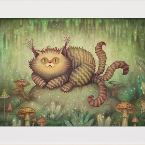 May include: A whimsical illustration of a striped cat with a long tail and antlers, sitting on a rock surrounded by glowing crystals and mushrooms in a green forest setting. The image has a magical and fantastical feel.
