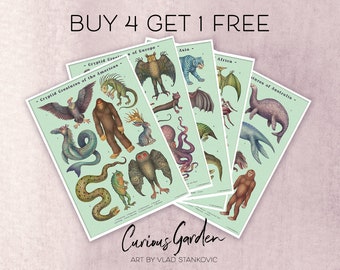 Cryptid Art Prints, Cryptozoology Wall Decor (Buy 4 Get 1 Free)