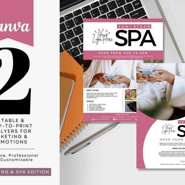 2 Yoni Steam Spa Flyer Templates Canva, V-Steam, Yoni Practitioner Business Download Printable Ready to Print, Yoni Spa Biz, sized 8" x 11"