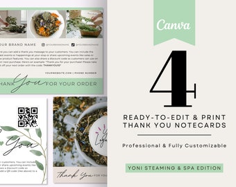 4 Thank You Notecards Printables for Customers and Orders Editable Canva, Ready to Print, Yoni Spa Biz, sized 5.5" x 4.3"