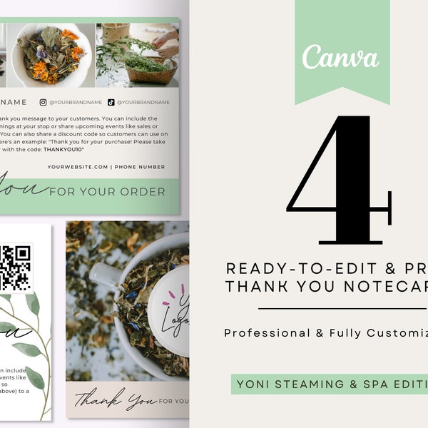 4 Thank You Notecards Printables for Customers and Orders Editable Canva, Ready to Print, Yoni Spa Biz, sized 5.5" x 4.3"