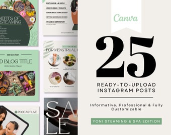 25 Instagram Template Posts Canva, Yoni Wellness & Spa Business Emerald Green Bohemian Chic Templates, V-steam Yoni Steam, Yoni Specialist